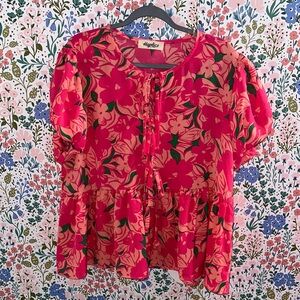 Haptics Floral Woven Top with Front Ribbon Bow Tie